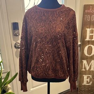 Mark & James Bartley Mischa Brown Lace Sequin Sweater